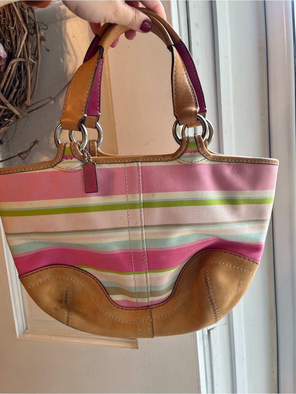 Coach Pink, Cream & Green Striped Soho Shoulder Bag with Tan Trim - Picture 6 of 8